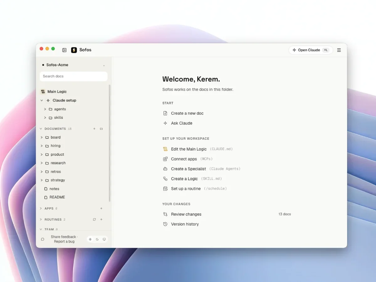 Sofos desktop app: a document editor on the left and an agent conversation on the right